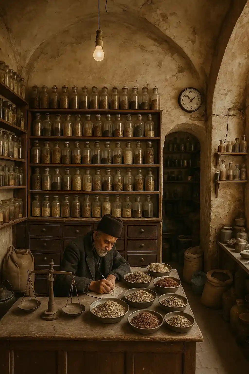 پیر مردی درون یک عطاری قدیمی در ایران
