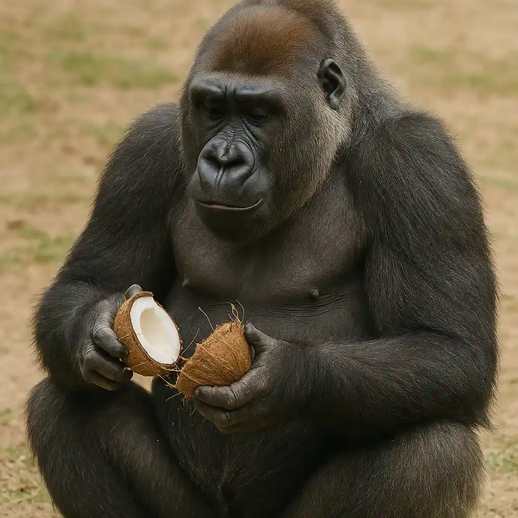 گوریل در حال نگاه به نارگیل