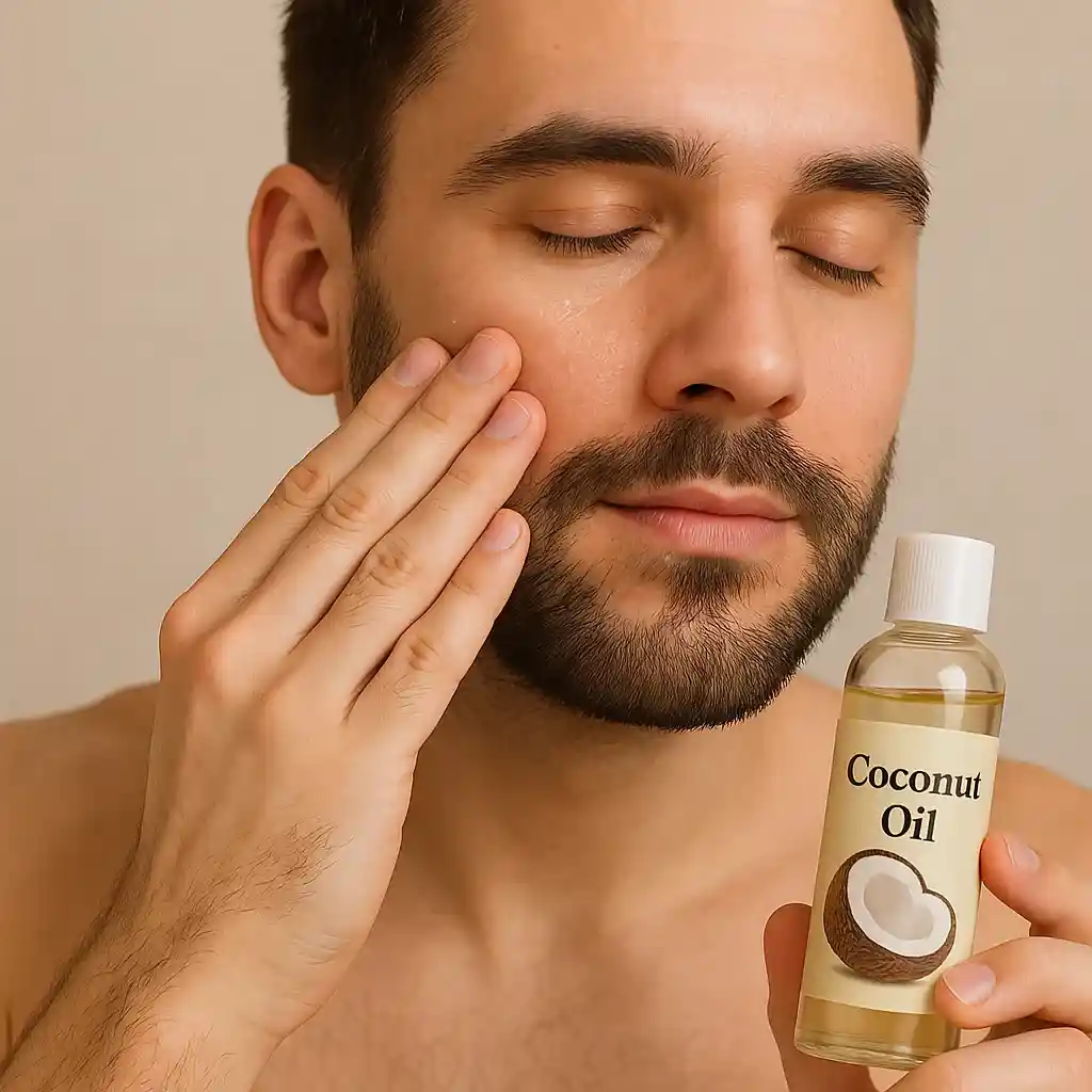 مردی که روغن نارگیل به موهای صورتش میمالد
