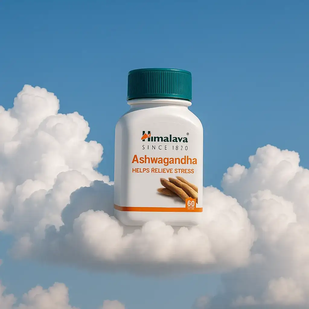 بطری قرص آشواگاندا برند هیمالیا روی ابرها؛ القای حس آرامش، سبکی و کاهش استرس