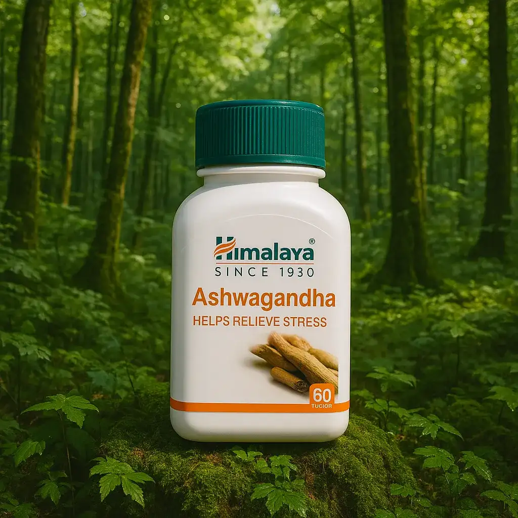 قرص آشواگاندا برند هیمالیا در جنگل سرسبز؛ نماد انرژی طبیعی و گیاهی بودن محصول