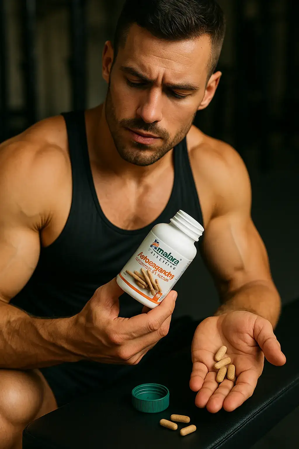 بطری باز قرص آشواگاندا برند هیمالیا با قرص‌های گیاهی بیرون ریخته؛ نمایش واقعی و طبیعی محصول