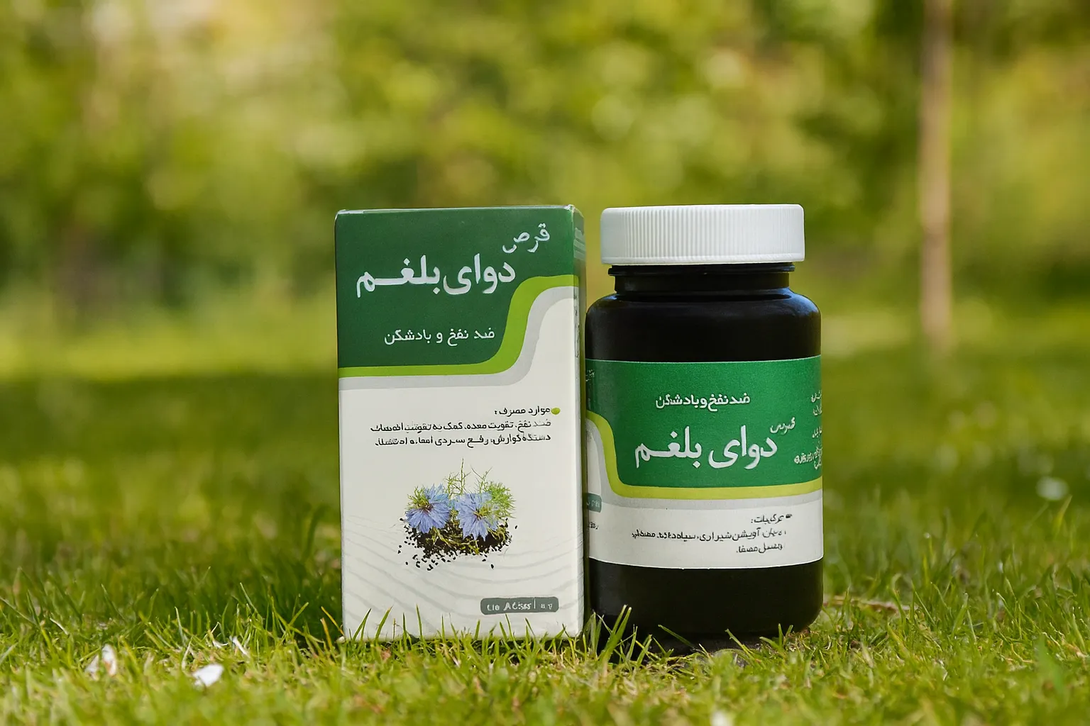 عکس قرص گیاهی ضد بلغم نیاک با بستهبندی سبز در محیط طبیعی