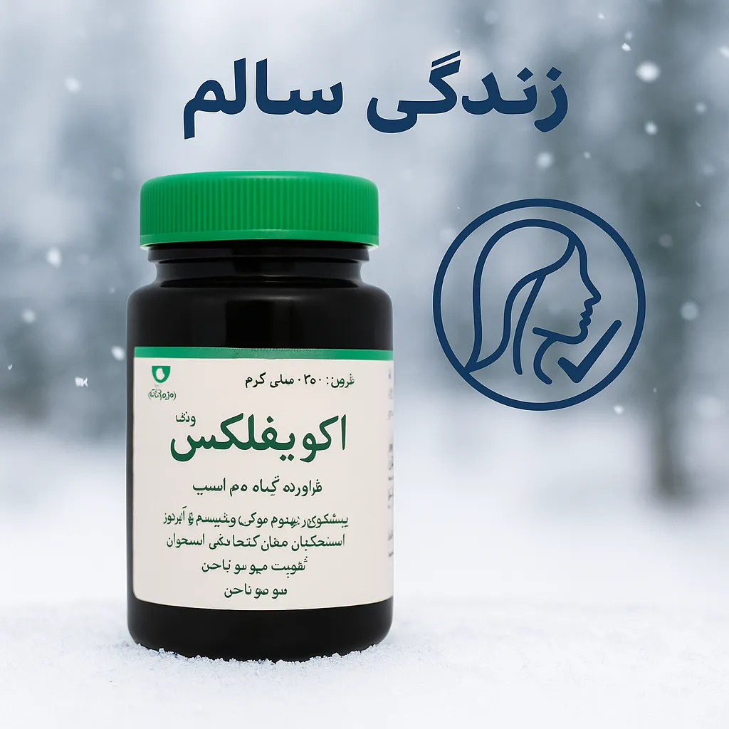 تصویر قرص اکوئیفلکس وشا دارو با نماد تقویت پوست و مو در پس‌زمینه روشن