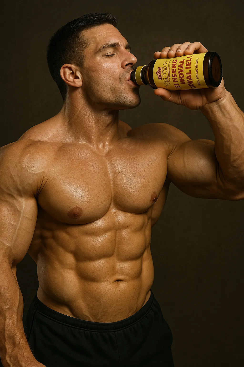 Bodybuilder drinking Royal King Ginseng Royal Jelly in natural forest environment ژل رویال جینسینگ