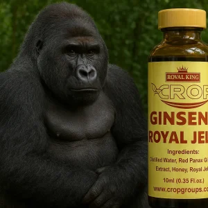 Royal King Ginseng Royal Jelly bottle beside a strong gorilla in the jungle