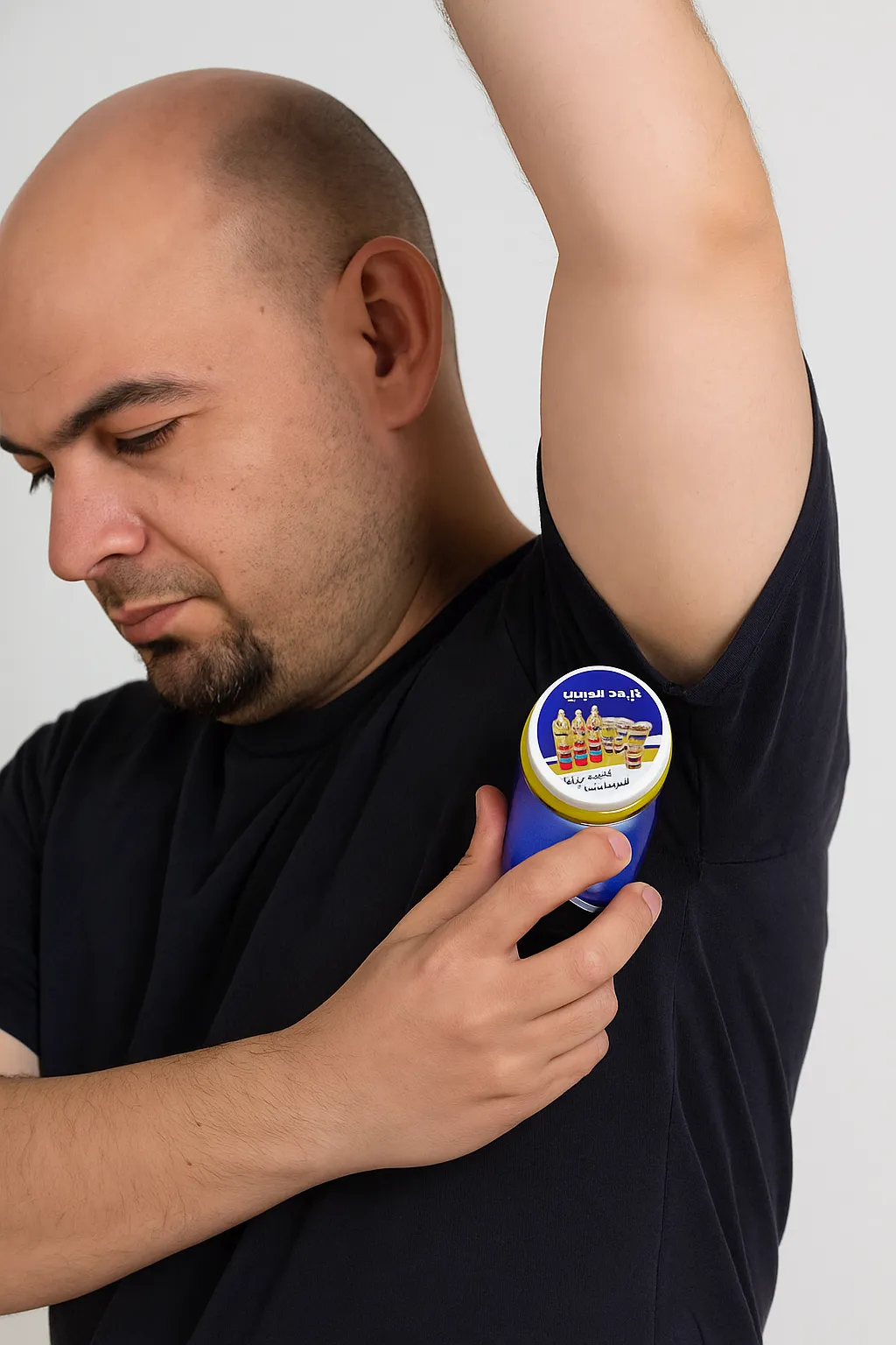 مردی در حال استفاده از محصول شهد العسل برای جلوگیری از تعریق و بوی بدن