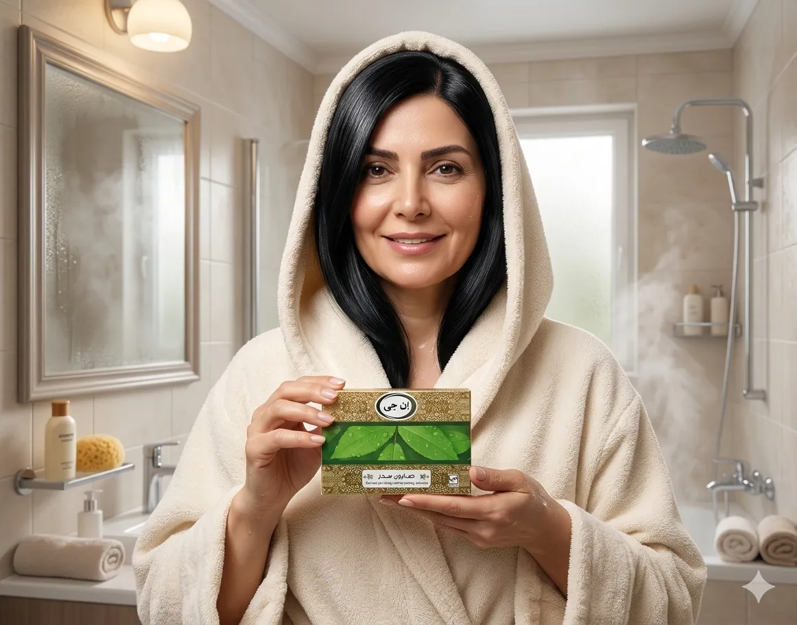 صابون سدر ان جی در دست یک خانم جوان در حمام با حوله ی کلاه دار